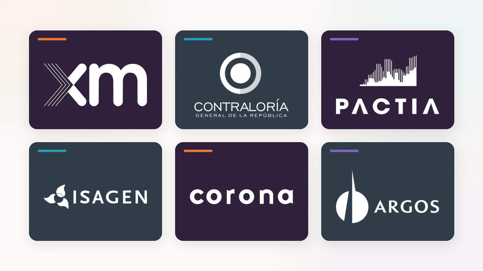 Logos de XM, Contraloría General de la República, Pactia, Isagen, Corona y Argos